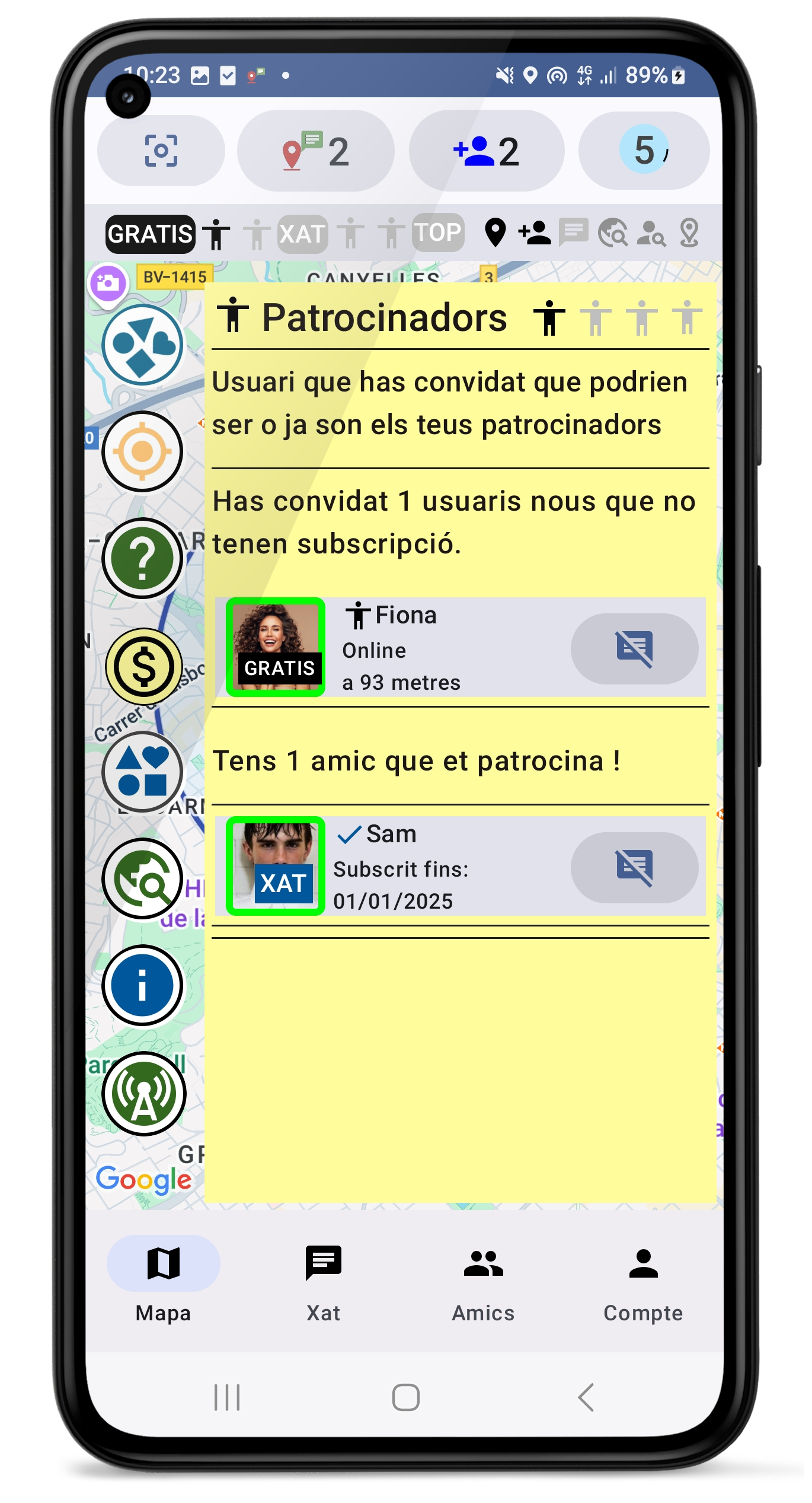 Ús gratuït de l'app amb dos amics - patrocinadors